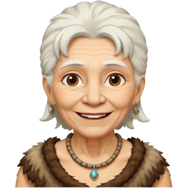 smiling old woman Neanderthal with white hair, fur dress, and necklace emoji