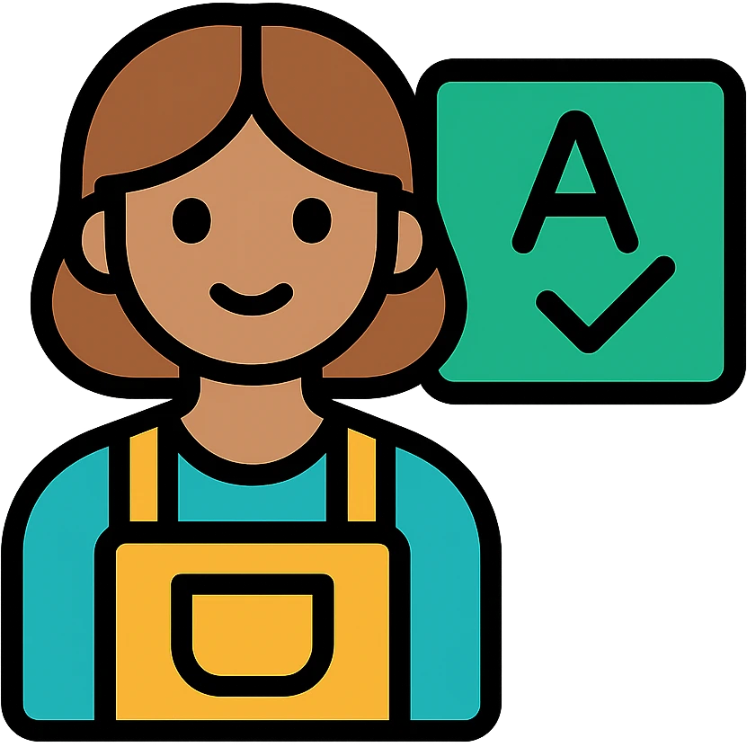 teacher with medium brown hair and brown eyes, wearing a mustard-colored apron, vibrant modern icon style emoji