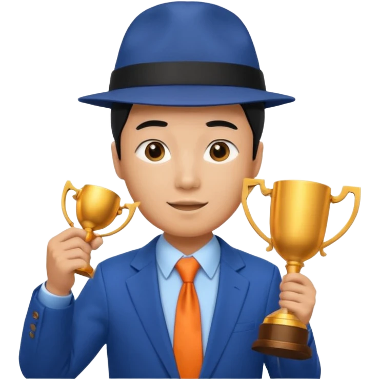 An asian man wearing student hat, blue suit and orange tie, holding a trophey emoji