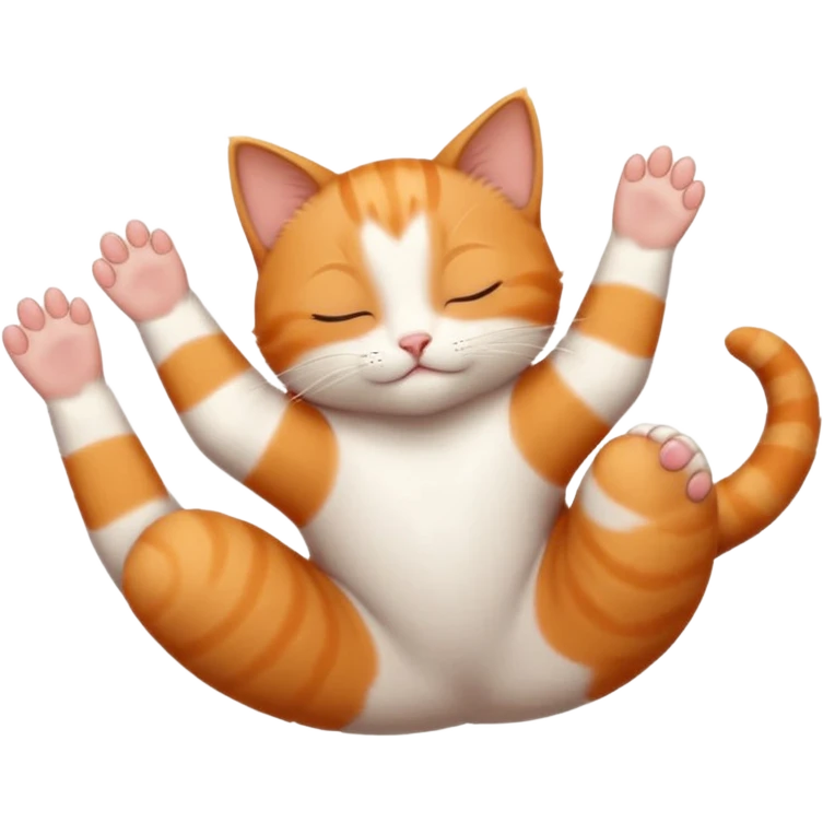 ginger and white small cat eyes closed lying down upside down with paws stretched out in different directions emoji