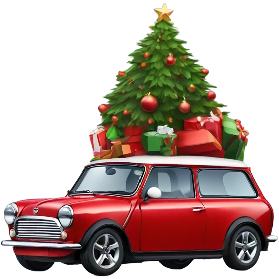 Red Mini Cooper Clubman with red roof decorated for Christmas emoji