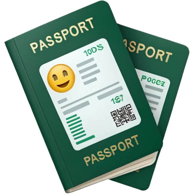 white passport with protruding airline tickets, dark green elements on passport and tickets, emoji style emoji