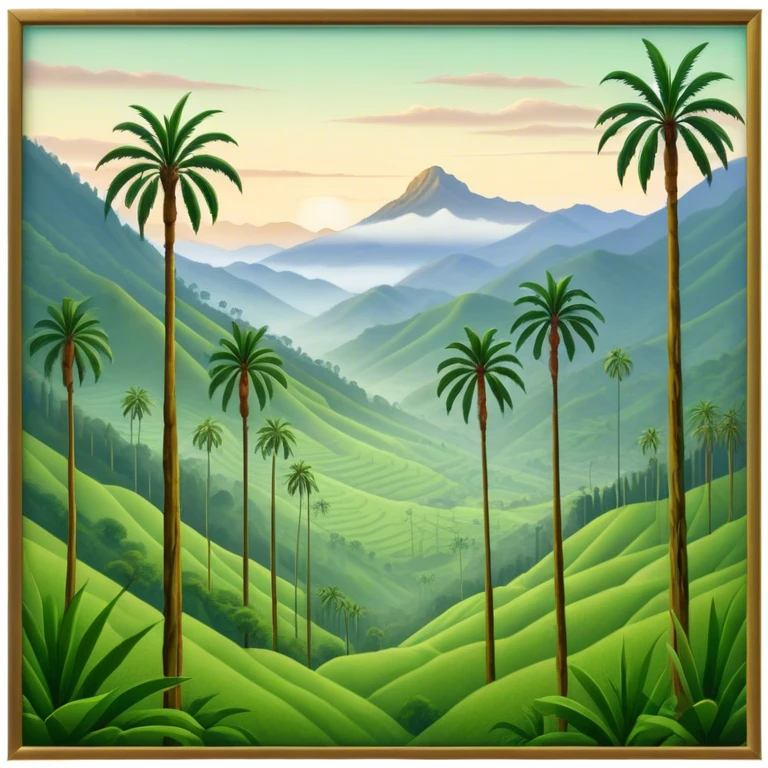 Cinematic Realistic Cocora Valley Landmark Emoji, featuring towering wax palm trees swaying in the misty green valley, with rolling hills and distant mountain peaks bathed in warm morning light. emoji