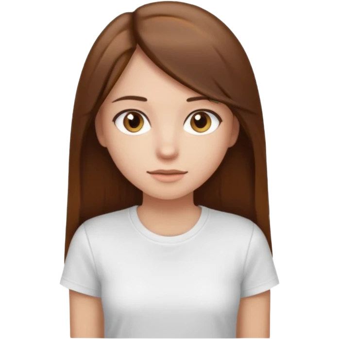 Chica de pelo liso ,largo y marrón con ojos color marrón claro y una camiseta blanca y la piel blanca emoji