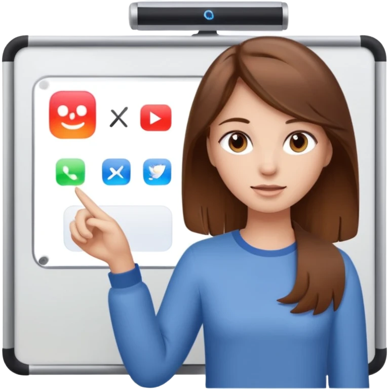 Make an emoji of a girl (no glasses) with brown hair who is teaching how to use iMessage on a board emoji