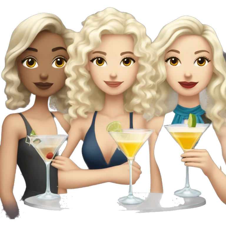 White brunette girl, white blonde curly haired girl, and white blonde straight haired girl all drinking martinis emoji