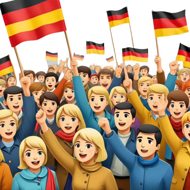 West German protest scene with people holding colorful protest signs, BRD flag, lively mood, 1960s emoji