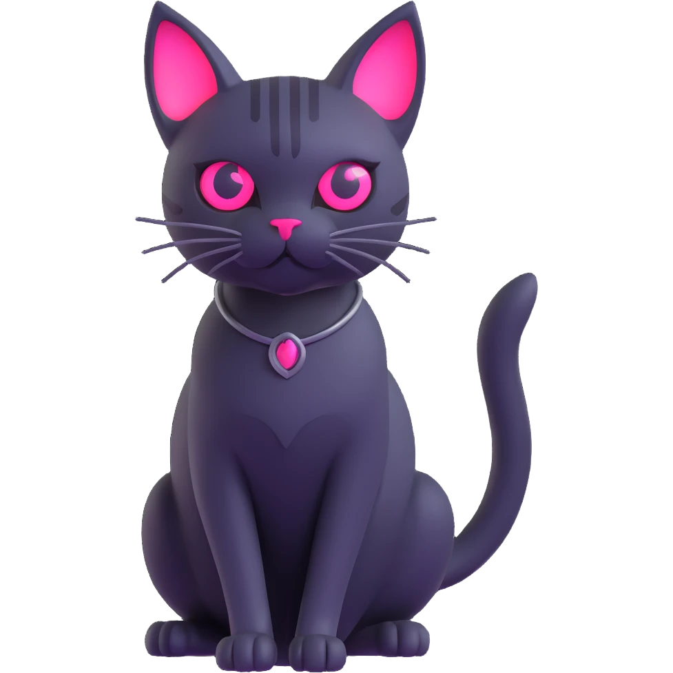 3D gothic cat with glowing pink eyes, perched emoji