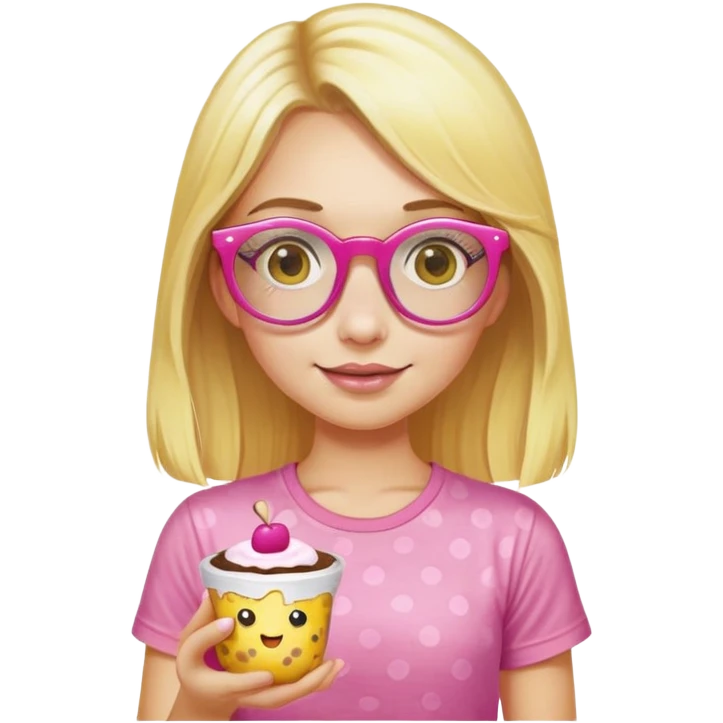 a girl with long lashes, long blonde hair, wearing "yellow dot t-shirt" and pink glasses, holding a pudding emoji