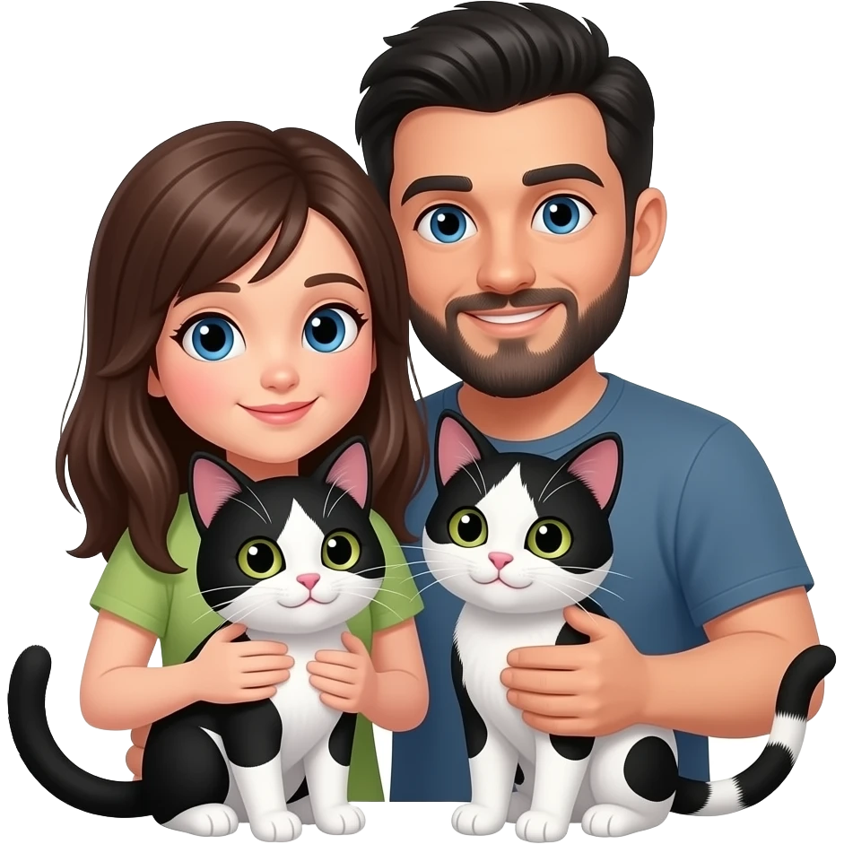 brunette girl with blue eyes and man with black hair and beard and blue eyes. and two black and white tuxedo kitten and one black and white cow kitten. all cuddled together emoji