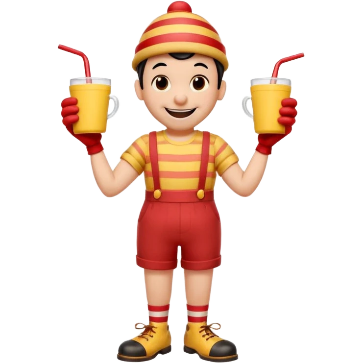 1930s rubber hose cartoon-style cup character with a big smile, black eyes, red nose, and striped straw on head. Wearing red shorts, yellow gloves, brown shoes, black shirt. Arms on hips, cheerful pose. Vintage Disney/Fleischer style, clean lines, limited colors, slight paper texture. 
 emoji