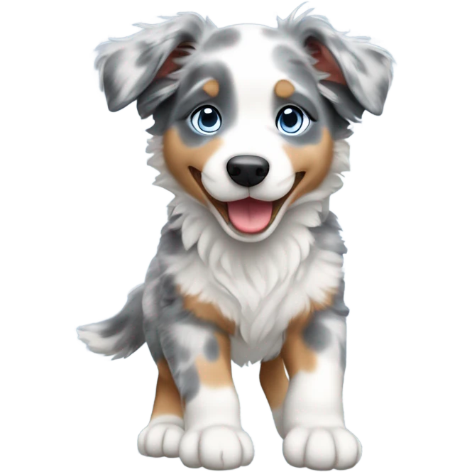 Blue merle australian shepherd puppy with mostly light grey fur with blue eyes running emoji