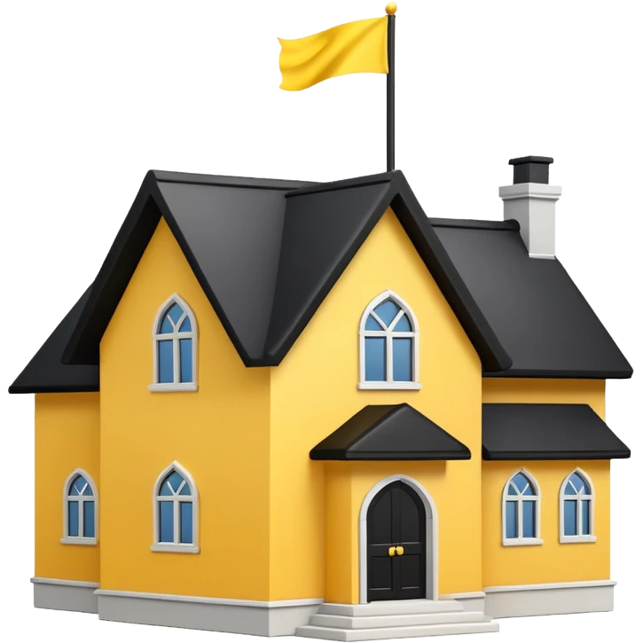 simple school, white background, magic school, black roof, with a big flag, big flag on a roof, big yellow flag, white school emoji