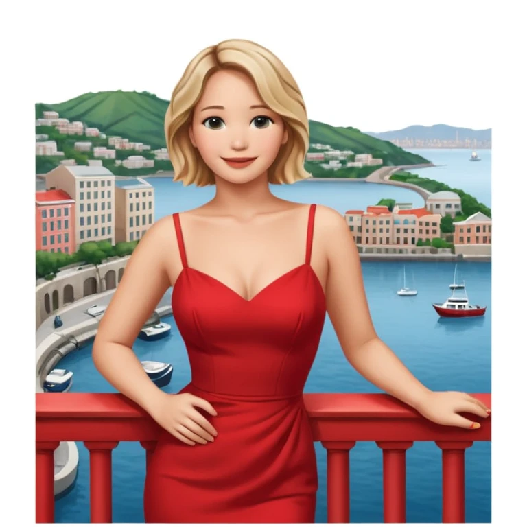 jennifer lawrence, red dress leaning on a balcony with a harbor and cityscape in the background, smiling, closeup emoji