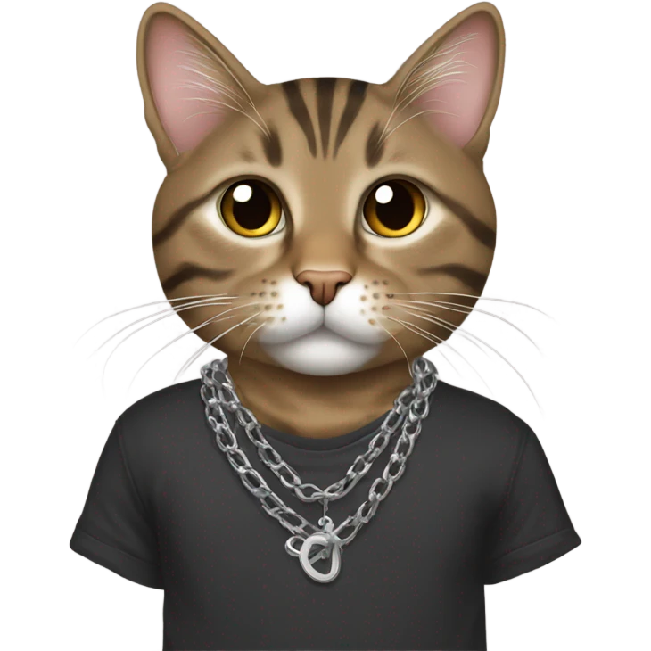 Brown tabby cat with an emo shirt and a silver chains emoji