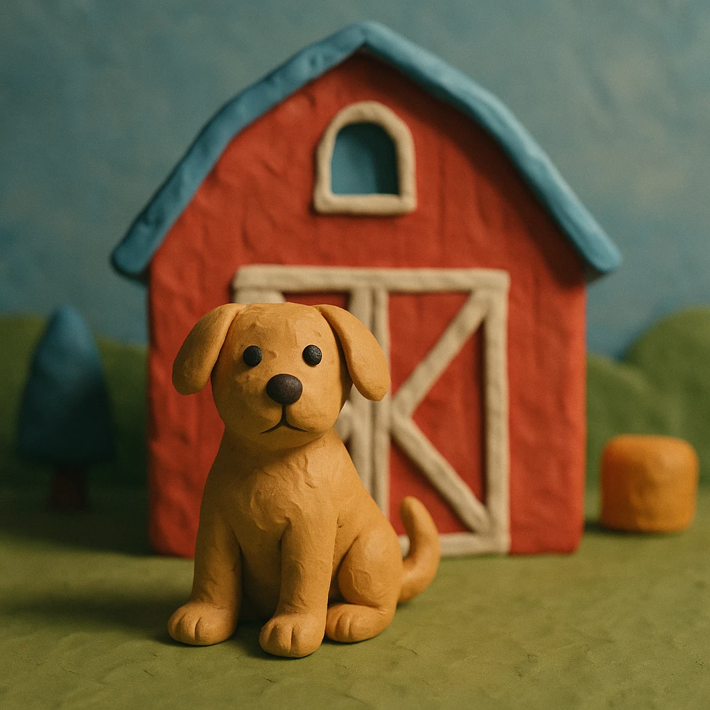 barn dog sitting in front of a red barn, visible fingerprints, matte plasticine look, claymation style emoji