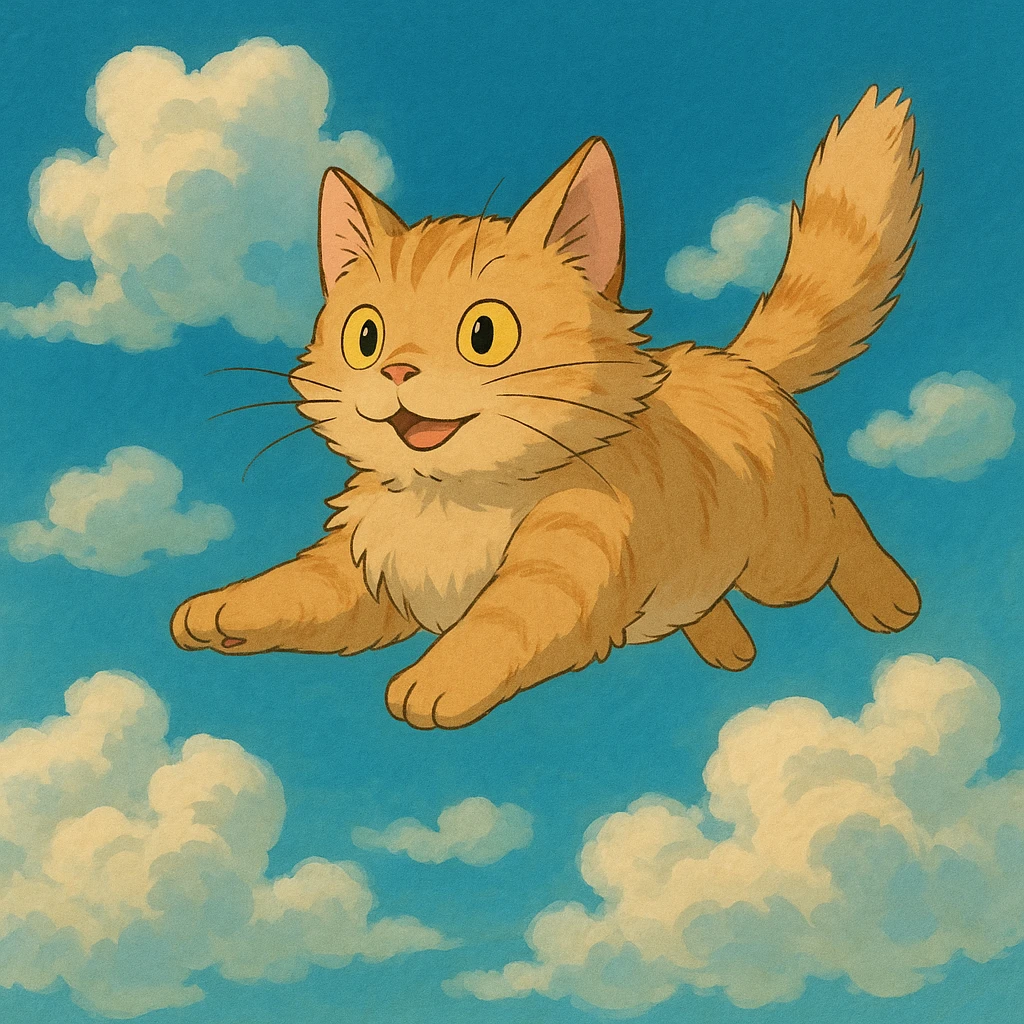 whimsical flying cat with clouds, ghibli style emoji