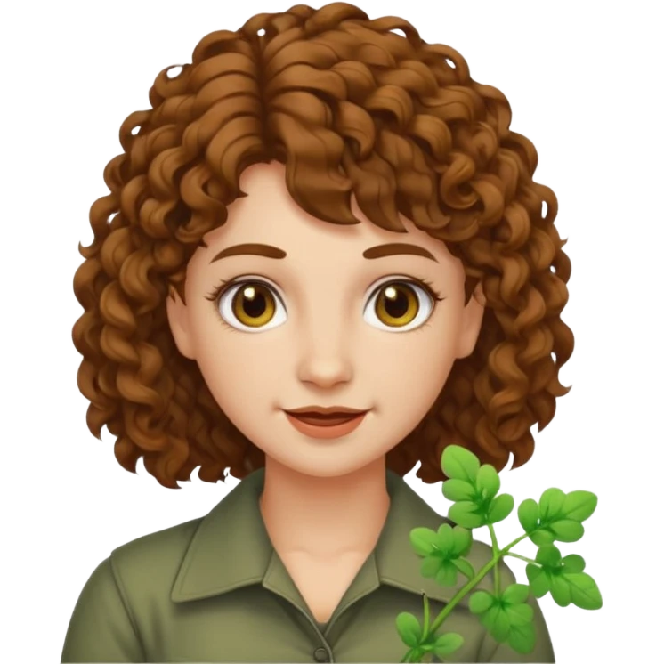 bust woman short curly brown mullet hair brown eyes white skin chewing clover stem, sarcastic grin emoji