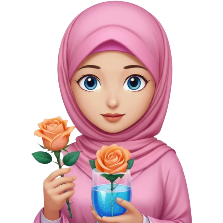 Turkish beautiful finish Konya girl blue eyes with  pink hijab islamic dress and had on her hand Glittery rose mocktail with orange light pink roses emoji