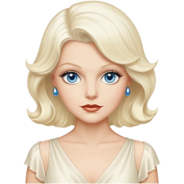 Jean Harlow with blue eyes, platinum blonde hair, ivory outfit emoji