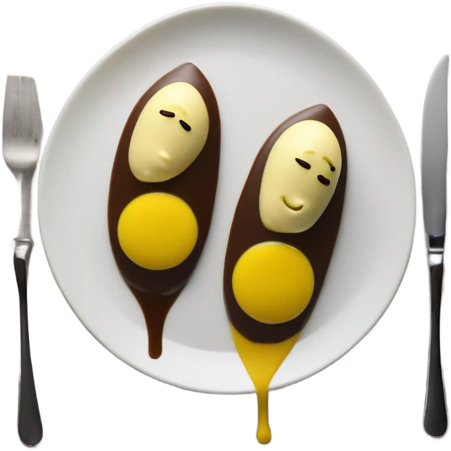1 Chocolate quenelle and 1 vanilla quenelle on a fine dining glass plate with 3 small drops of yellow sauce as decoration emoji