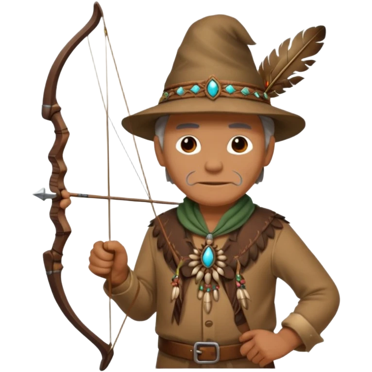 The classic image of a middle-aged uncle hunter carrying a bow, dressed in brown clothes, with some ornaments made of feathers, bones or teeth on his body. emoji