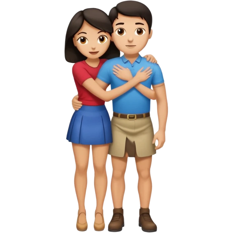  man with dark hair on knees, facing dark haired, middle aged woman in a micro mini skirt, hugging her waist emoji