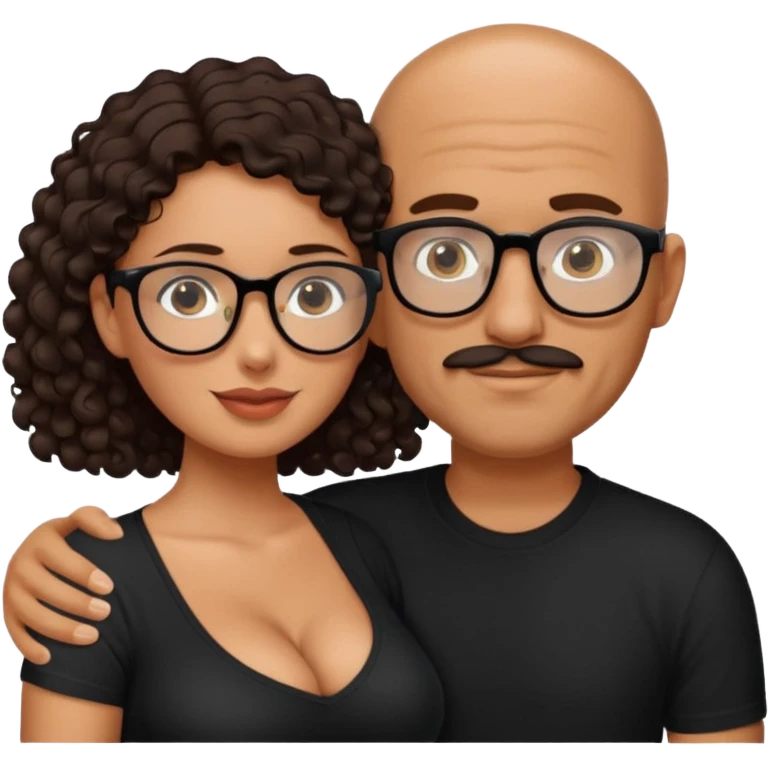 A picture of an embracing tanned couple. the man is a Mexican man with tanned skin, with a bald hair cut, short beard and wearing a black shirt. the woman is short with long curly dark brown hair and with big boobs. Put glasses on the woman only. No glasses on the man emoji