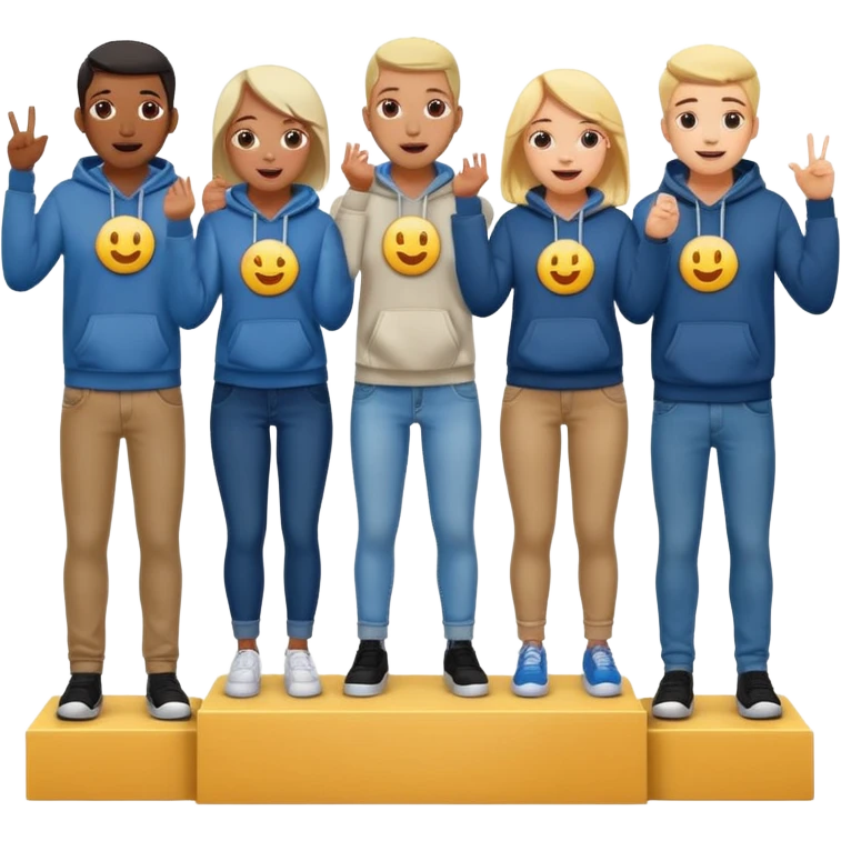 multi-racial people in jeans and hoodies on a winners’ podium, no numbers, very excited, fun, expressive emoji style emoji