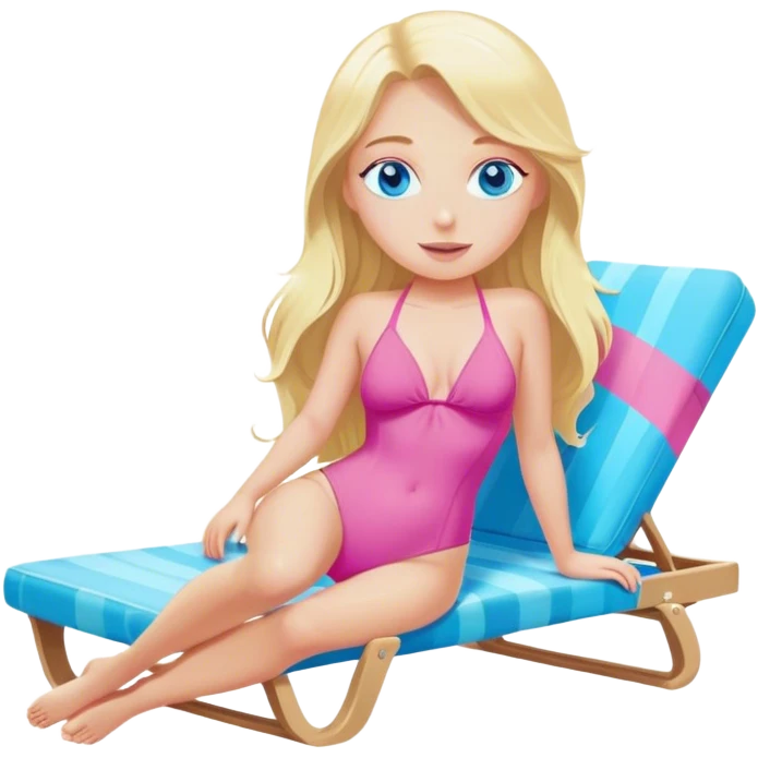 A cinematically realistic blonde with long hair and blue eyes is lying on a chaise longue in a pink swimsuit, sunbathing in the sun emoji