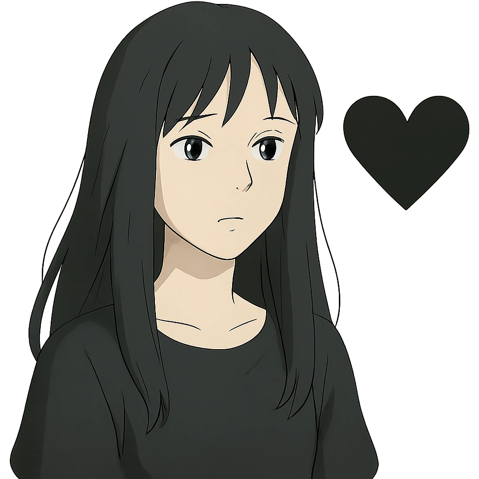 ghibli style pale girl with long black hair and a black heart emoji