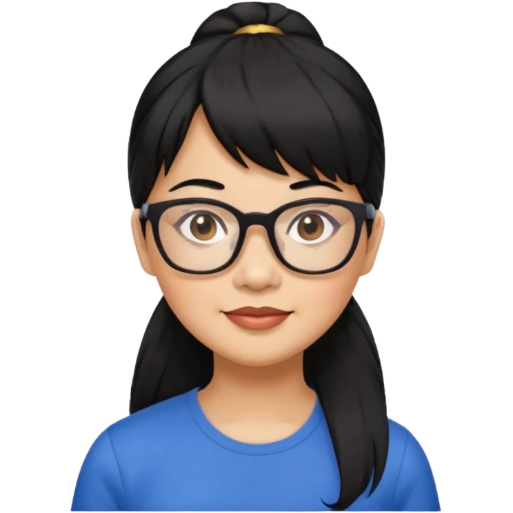 filipino woman black hair in one pony tail with straight bangs and big glasses, 50 yr old emoji