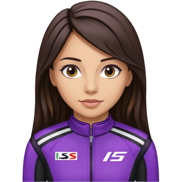 brunette long hair woman with black racing outfit with purple strips emoji