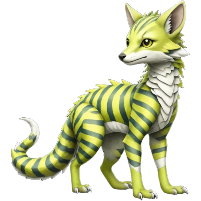  cool handsome gorgeous realistic zig-zag-patterned striking yellowish-pastel-lime-green-white-gradiented with dark undertones, white underside, thunderous stormy edgy badass realistic Vernid-Sergal-Genet-Trico-species by LiLaiRa, full body emoji