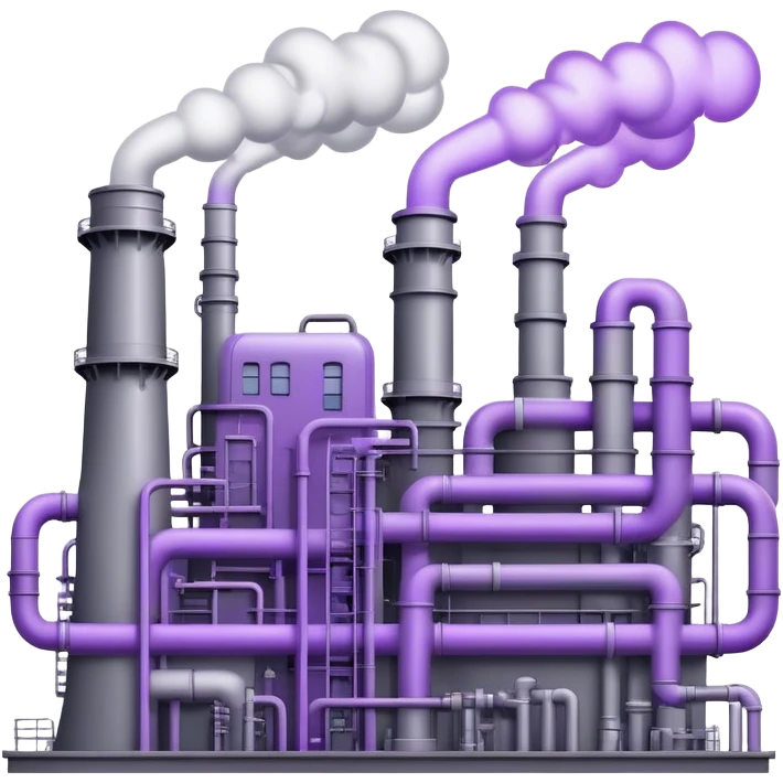 An emoji of an industrial factory in realistic gray tones, with pipes and smokestacks. Instead of smoke, soft neon violet energy or light particles flow out, symbolizing AI power and efficiency emoji