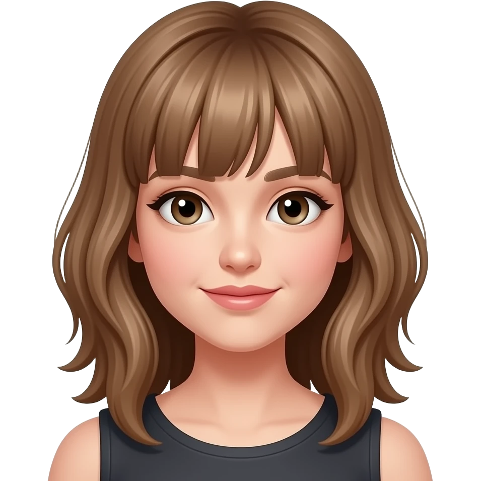 a woman with shoulder-length, layered hairstyle with bangs, hair color is a light to medium brown emoji