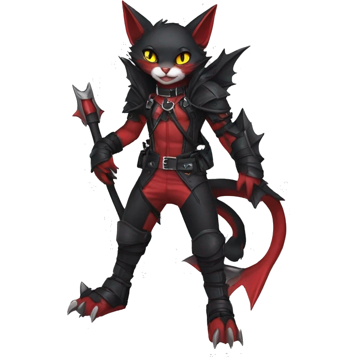 cool anthro edgy cute black punk red fantasy nargacuga-bat-cat-Fakemon collar harness full body emoji