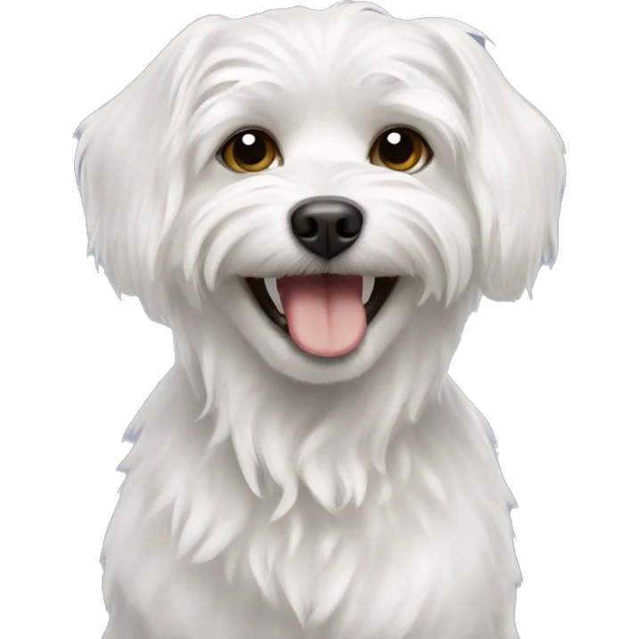 A white Maltese dog around 13 years old slightly smiling with toilet paper clenched in its teeth emoji