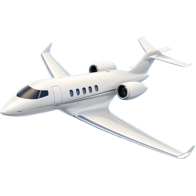 A 3D cartoon sleek white private jet flying through clear sky, sunlight glinting off fuselage, Memoji-style rendering. emoji