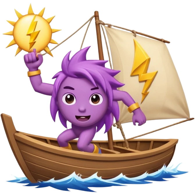 a buff purple anthropamorphic lightning bolt sailing away on a boat emoji