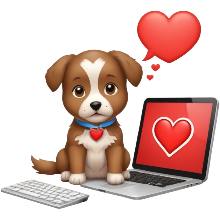 Puppy at computer thought bubble heart emoji