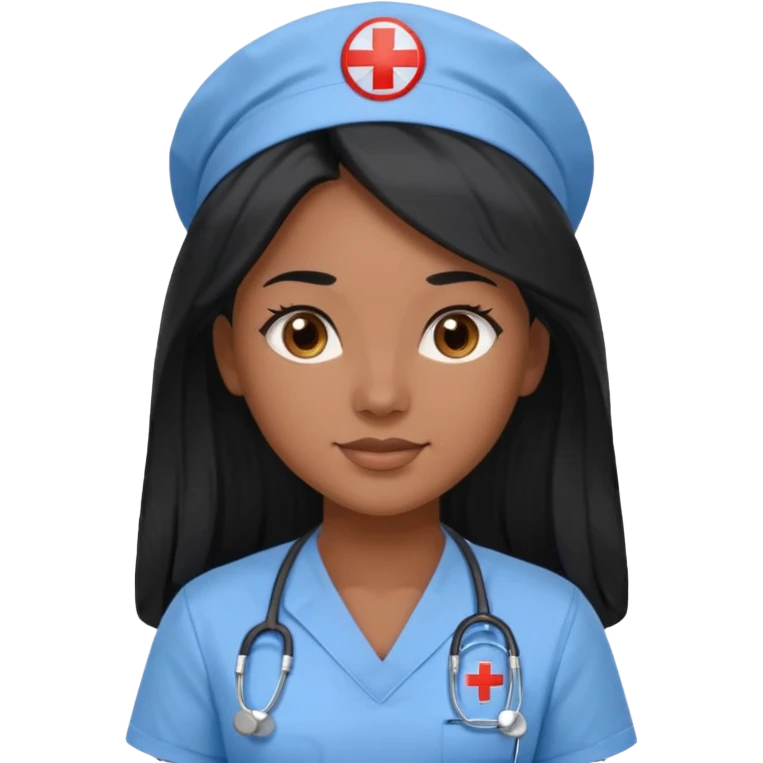 pretty brown skin nurse with long black hair and brown eyes in light blue scrubs emoji