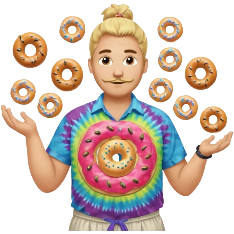 Large man w Blond manbun juggling knives and plain bagels (no sprinkles) with tie die shirt emoji