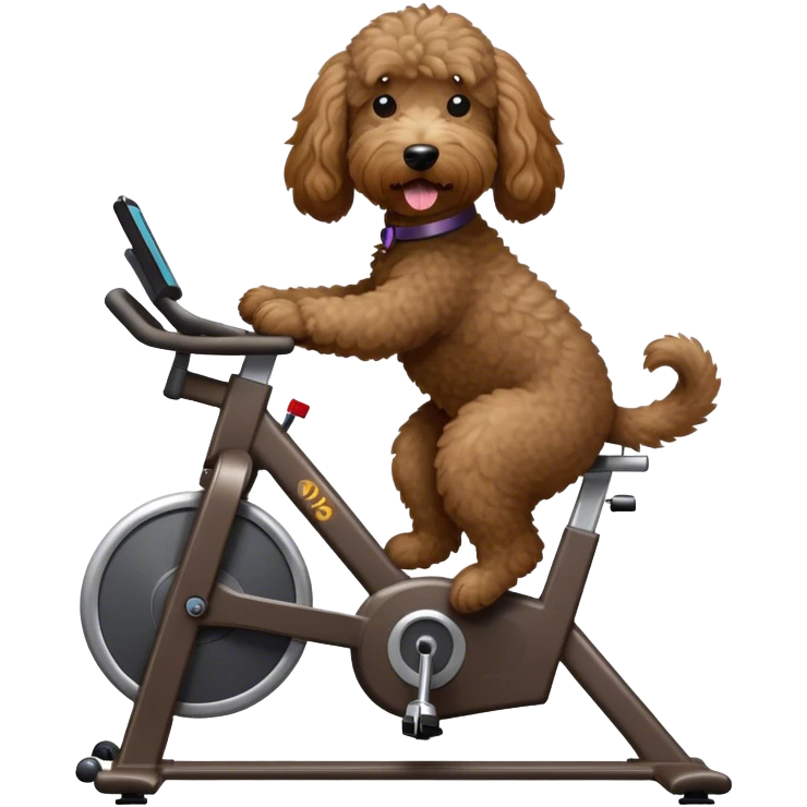 Dark brown goldendoodle riding a spin bike emoji