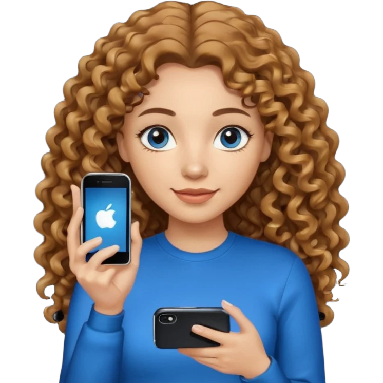 generate a pretty woman with blue eyes, light skin and medium brown long curly shiny hair holding an iphone she is looking at the phone and holding it in her hand. she is wearing an ALL black long sleeve emoji