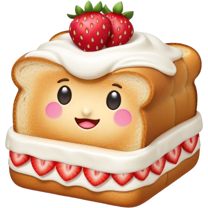 emoji illustration of a square toast topped with fluffy white cream, decorated with a strawberry bow made from two strawberry halves and a small sliced center, bright red and glossy, Clean soft shading, kawaii emoji style, centered object, no plate, no background, high detail, pastel tone emoji