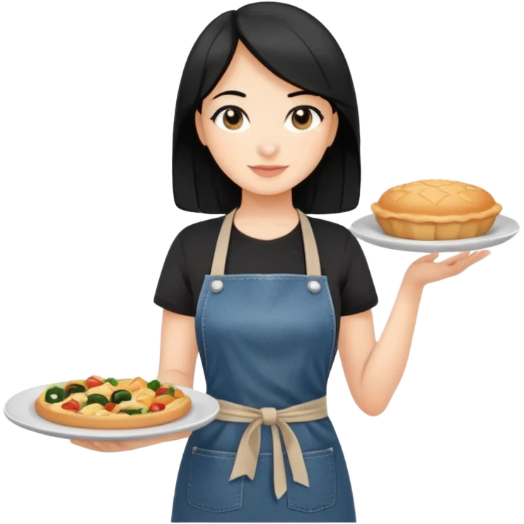 waitress with black hair and a food plate with a black tshirt and ª jeans apron. with a bigger plate and the plate with a cover  emoji