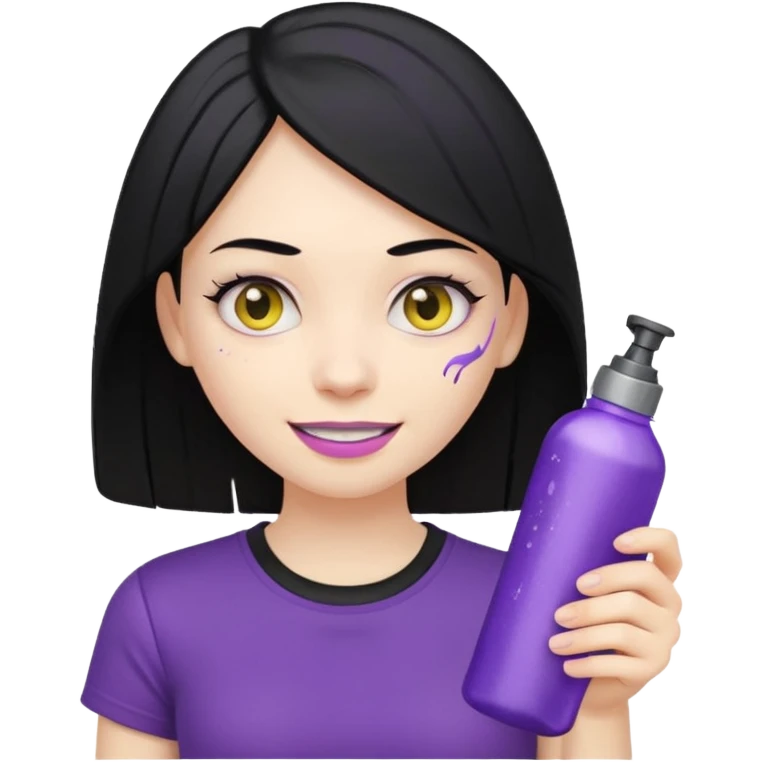 a girl with beautiful black hair, yellow teeth, black t-shirt, holding only a purple and silver spray bottle, nothing else in her hands, genmoji emoji style, reference the attached can emoji