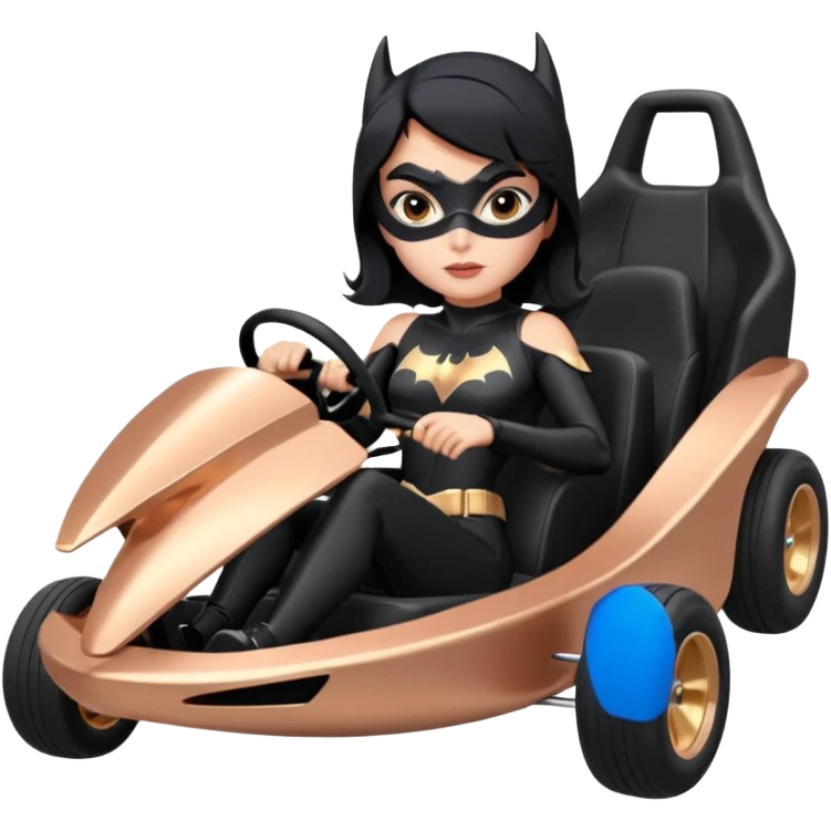 Hot full size real size-appearance electric road racing sexy BatGirl’s feminine midnight-colored tight outfit sixty’s tv show inspired dark stealthy sporty safe plush deluxe off-road pursuit cruiser car rose gold accents (black hair,reclined and relaxed torso and shoulders seating position) go kart  emoji