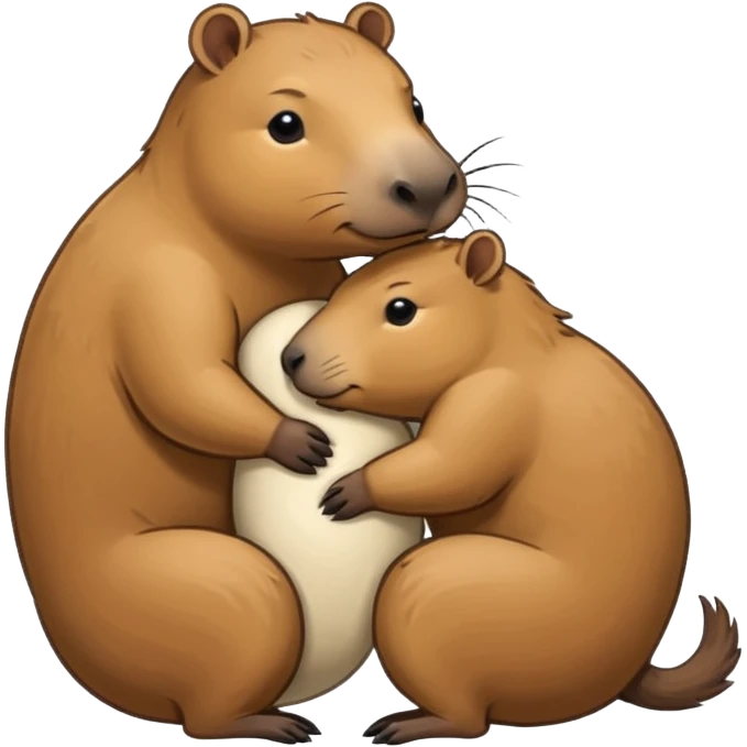 A sticker with a capybara hugging Hachiko and the words «ждем всем отделом» cartoon style emoji